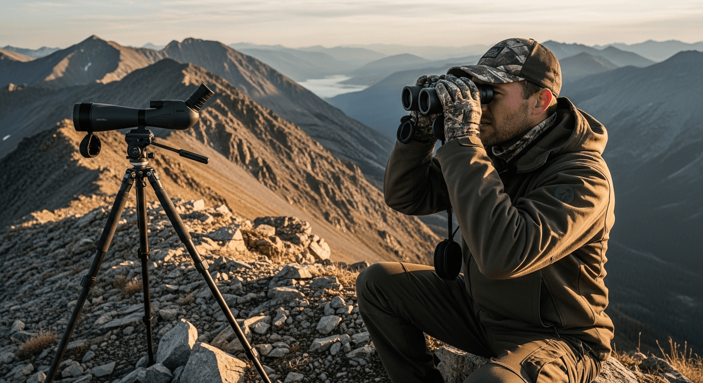 Glassing across a mountain valley at dawn