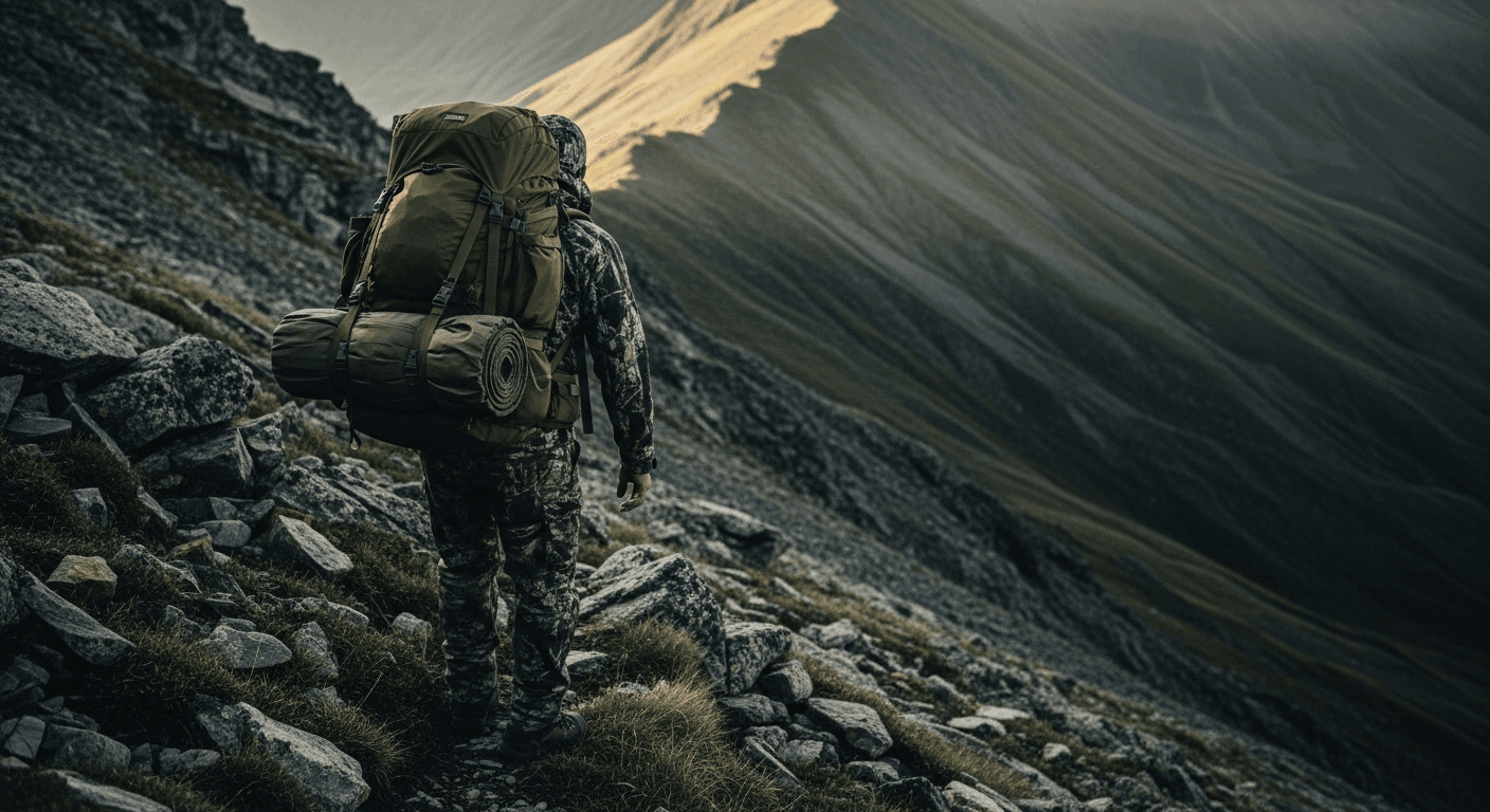 Hunter with loaded pack on a mountain ridgeline
