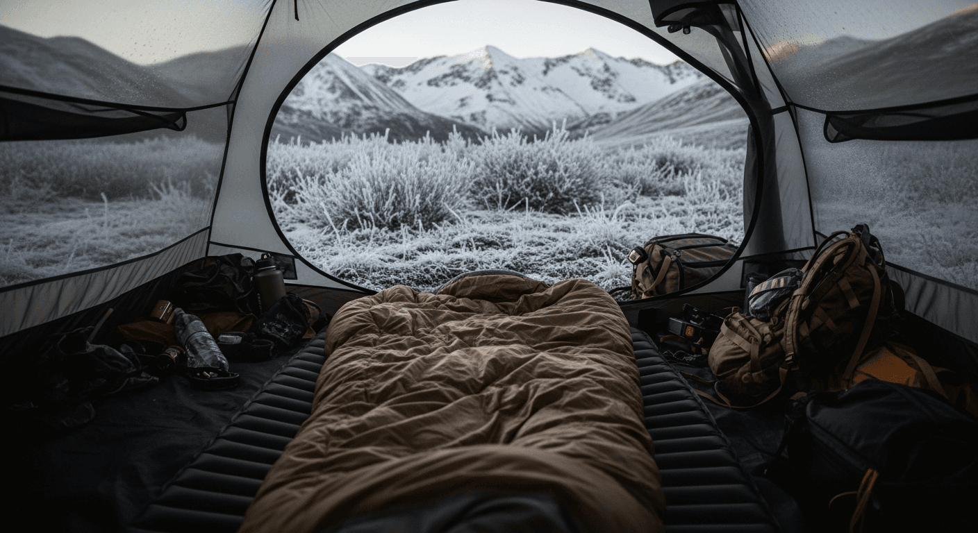 Backcountry camp setup in alpine terrain