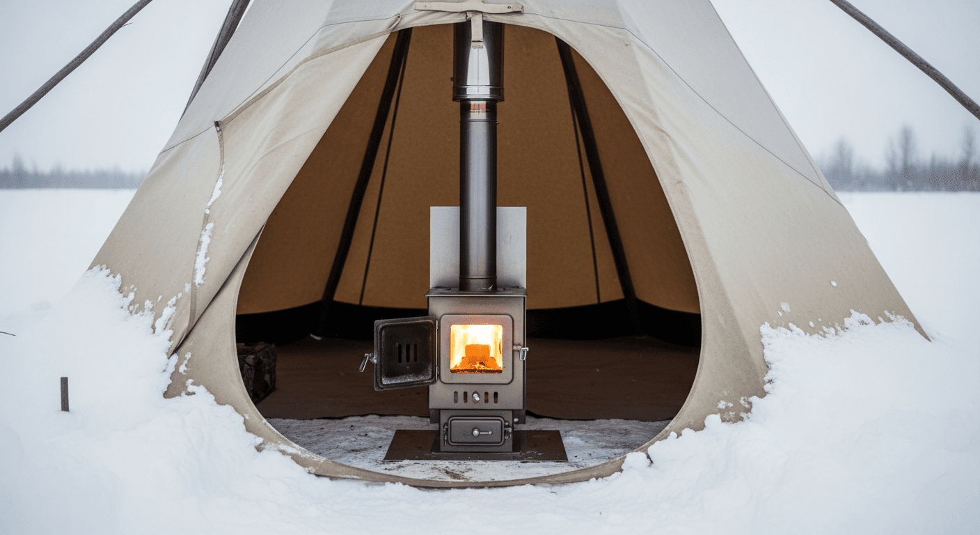Hot tent camp in late-season mountain conditions