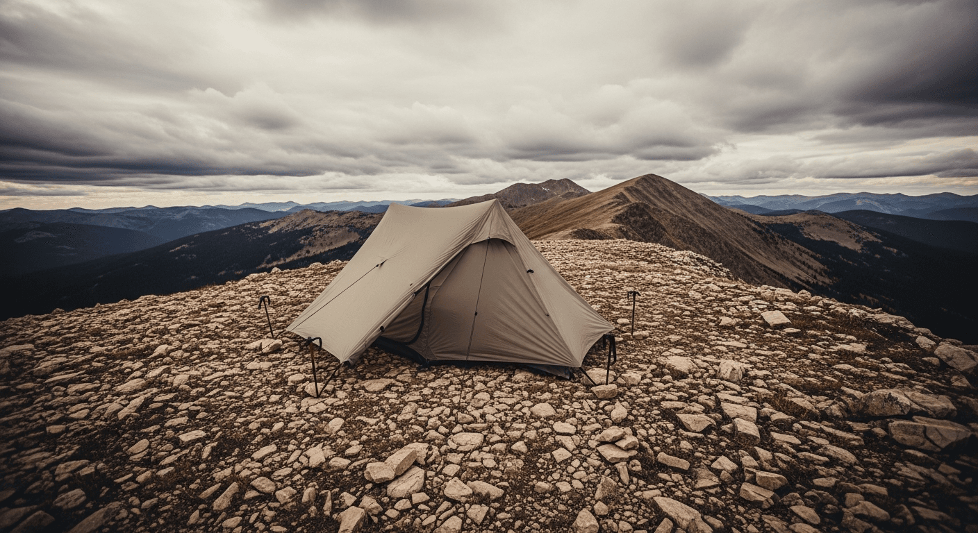 Backcountry tent pitched in remote mountain terrain